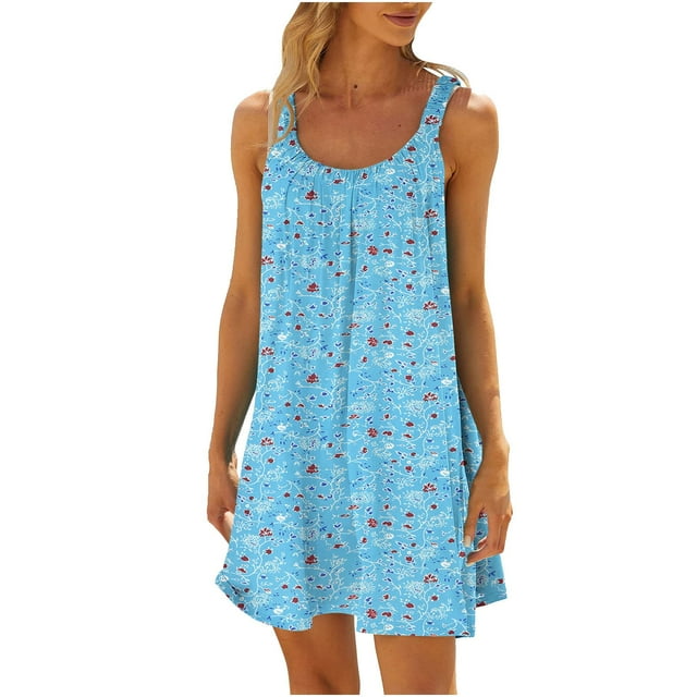 Vestido de Verano para las Mujeres Impreso sin Mangas Cuello Redondo, Suelto de Rodilla de Longitud Vestido Casual para la Primavera