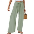 thumbnail image 4 of vigerkar Women's Cotton Linen Drawstring Wide Leg Pants High Waisted Casual Loose Trousers Straight Pants with Pockets Dark Green, M, 4 of 6
