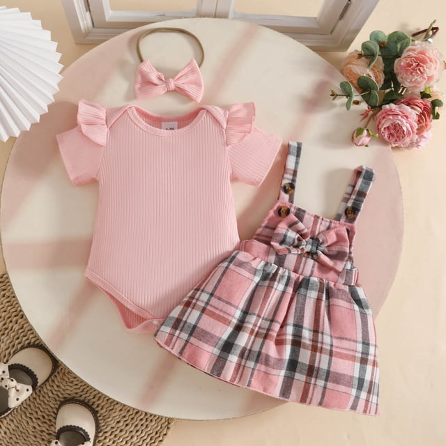 Girls Ribbed Romper Bodysuit with Plaid Bowknot Suspender Skirt Outfit Set for Baby