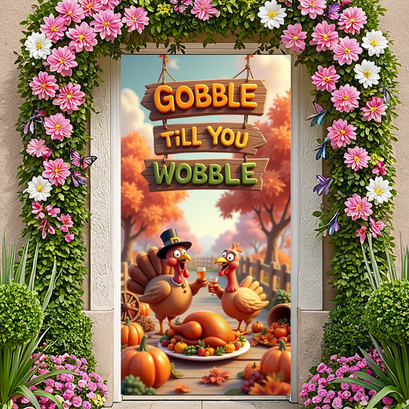 Festive Turkey Gobble Banner Autumn Leaves Seasonal Decoration Thanksgiving Celebration for Dining Party Patio Outdoor