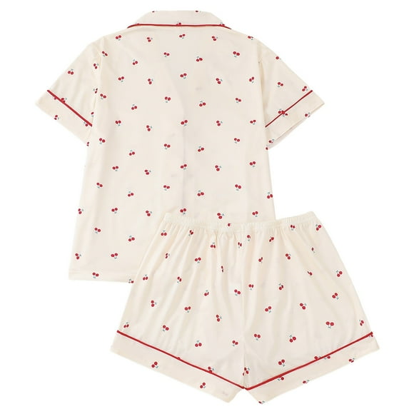 Huaizzzy Women’s Cherry Print Pajama Set – Short Sleeve Notched Collar Shirt & Shorts Loungewear Sleepwear Short Sleeve Top Sleep Wear for Women Lady Pajamas Set Womens Pajamas and Shorts Woman