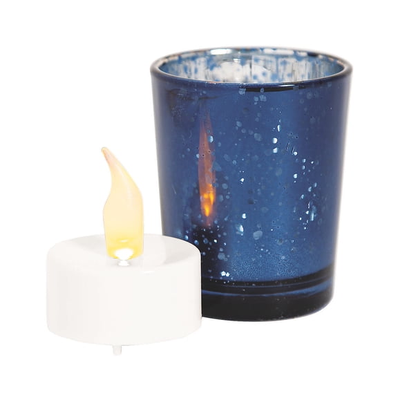 Navy Blue Mercury Glass Votive Candle Holders with Battery-Operated Candles, Wedding, 24 Pieces