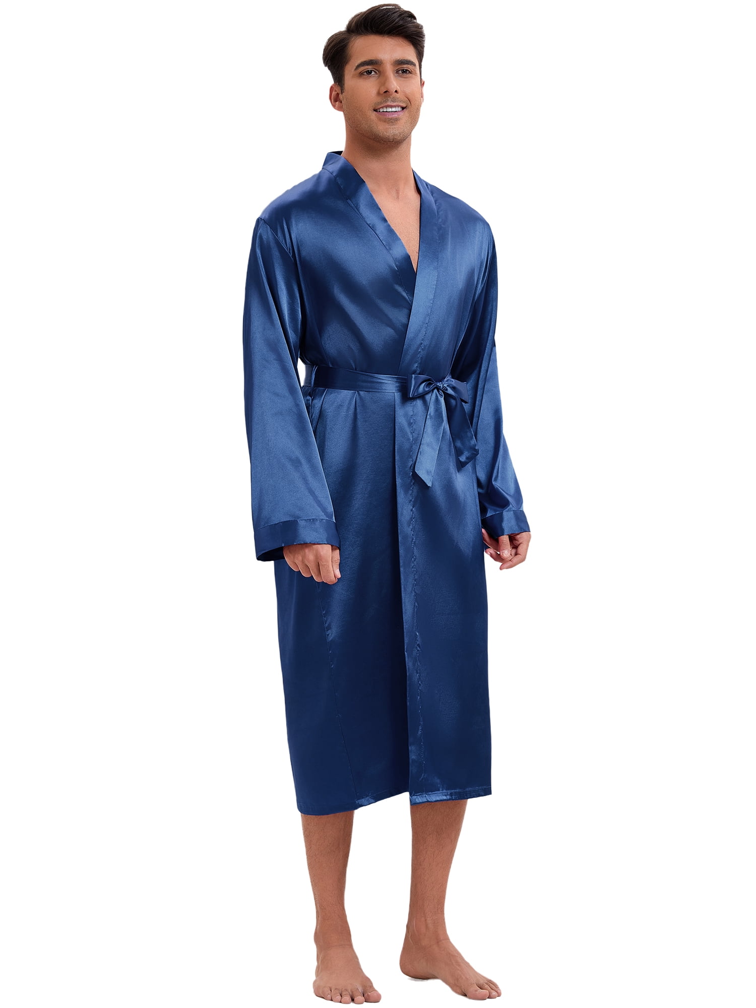 DARING DIVA Men's Long Sleeve Kimono Bathrobe Sleepwear with Shorts Set S Navy Blue