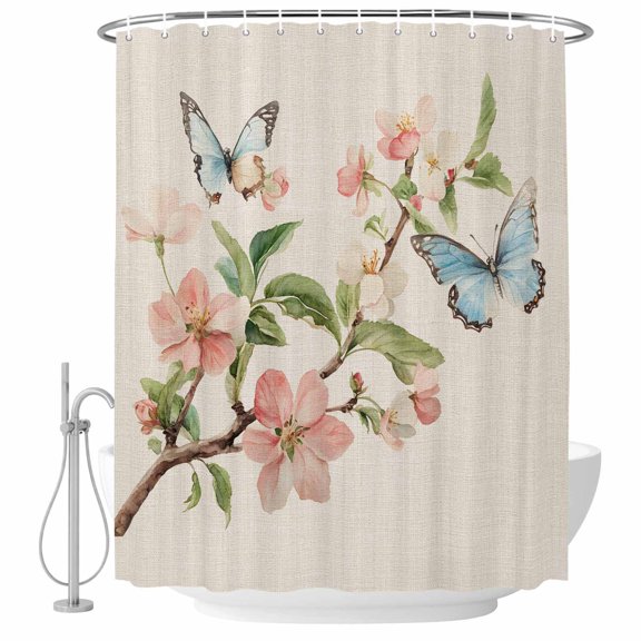 Country Flowers Shower Curtain Set - 72" x 78" Washable Bathtub Curtain with 12 Hooks, Watercolor Spring Floral Butterfly Waterproof Fabric Stall Shower Curtains for Bathroom/Bathtub Décor