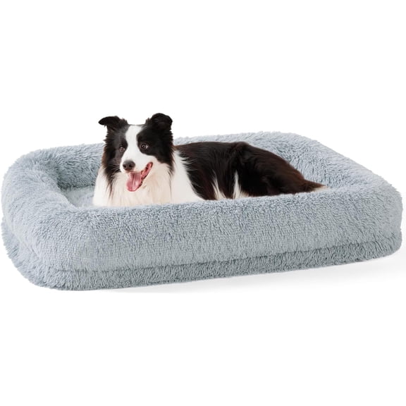 Orthopedic Dog Beds for Large Sized Dogs - Calming Dog Sofa Bed with Fluffy Faux Fur, Pet Bed with Supportive Egg Foam, Washable Removable Cover and Nonskid Bottom, Grey