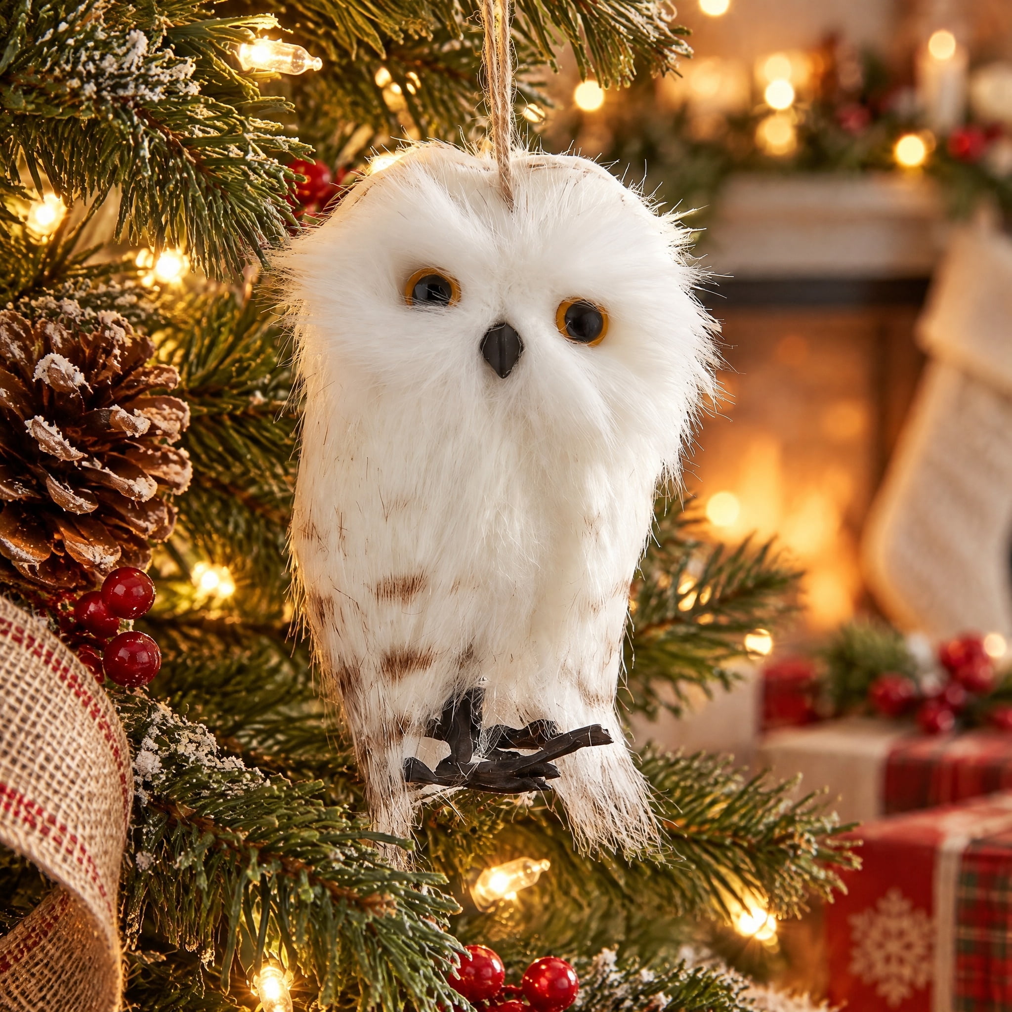 4-Count White Faux Fur Owl Mini Christmas Ornaments, 3.3", by Holiday Time