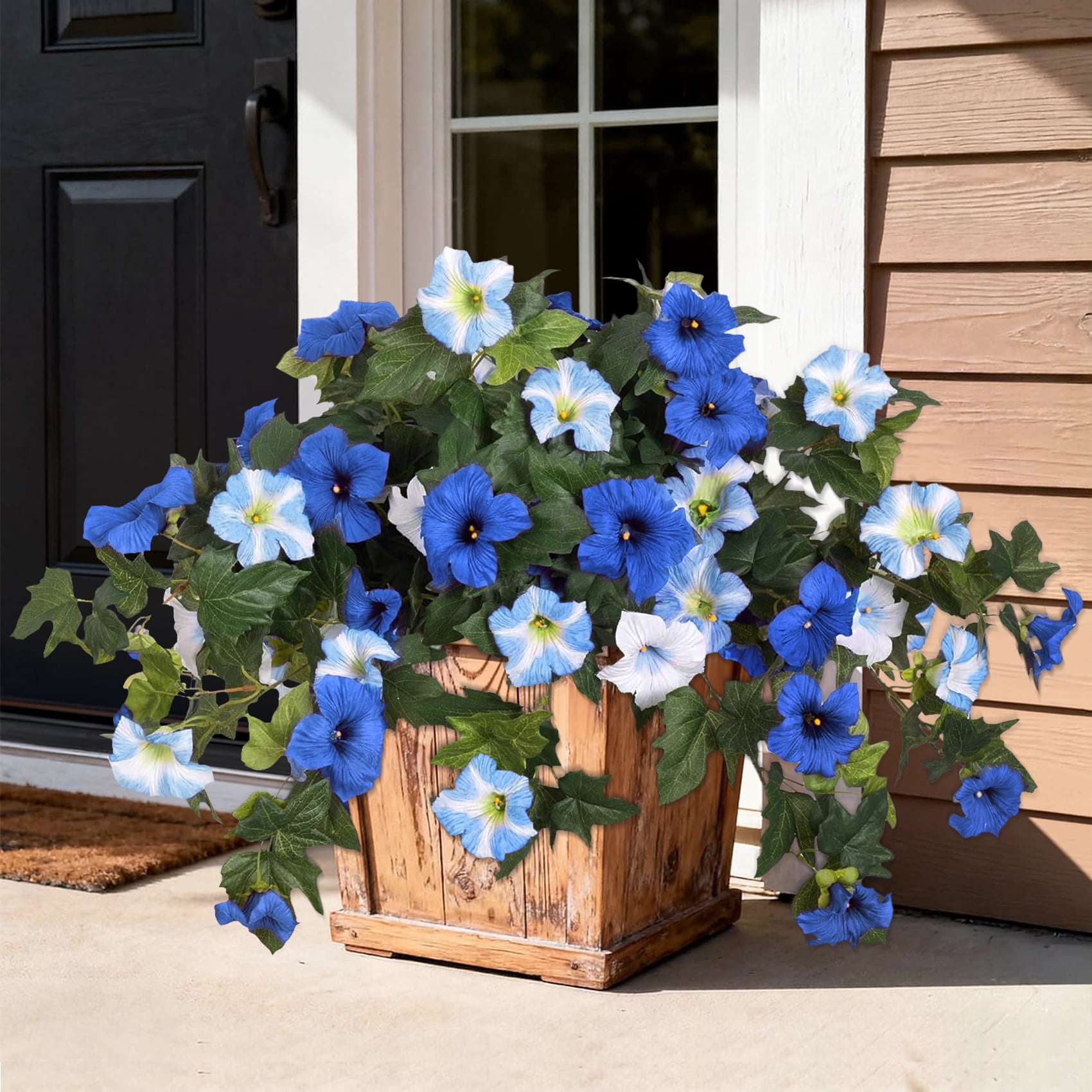 Scidweet Fake Artificial Flowers for Outdoor, 2Pcs Faux Petunias Silk Flowers Plants for Home Outside Garden Balcony Yard Front Porch Indoor Decor, Blue White