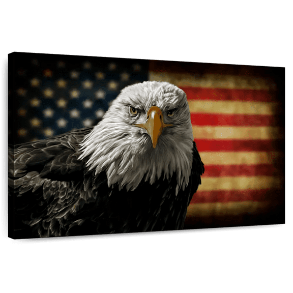 Elephant Stock Eagle And Flag Of America Wall Art - Horizontal Canvas Wall Art - Living Room Wall Decor - Animal Canvas - Red And Brown Decor - 12" x 8"