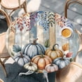 thumbnail image 2 of Orange Pumpkins Fall Round Tablecloth, Fitted Table Cover with Elastic for 36"-44" Round Tables, Eucalyptus Leaves Wood Grain Country Rustic Table Cloth Outdoor Dinning Party Waterproof Tablecloths, 2 of 7