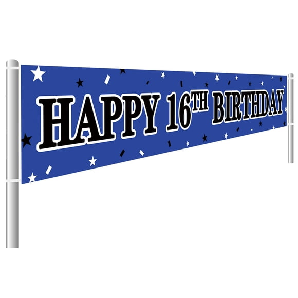 Large Happy 16th Birthday Banner, 16 Years Old Birthday Party Sign Blue, 16th Birthday Party Supplies Decorations (9.8 x 1.6 ft)