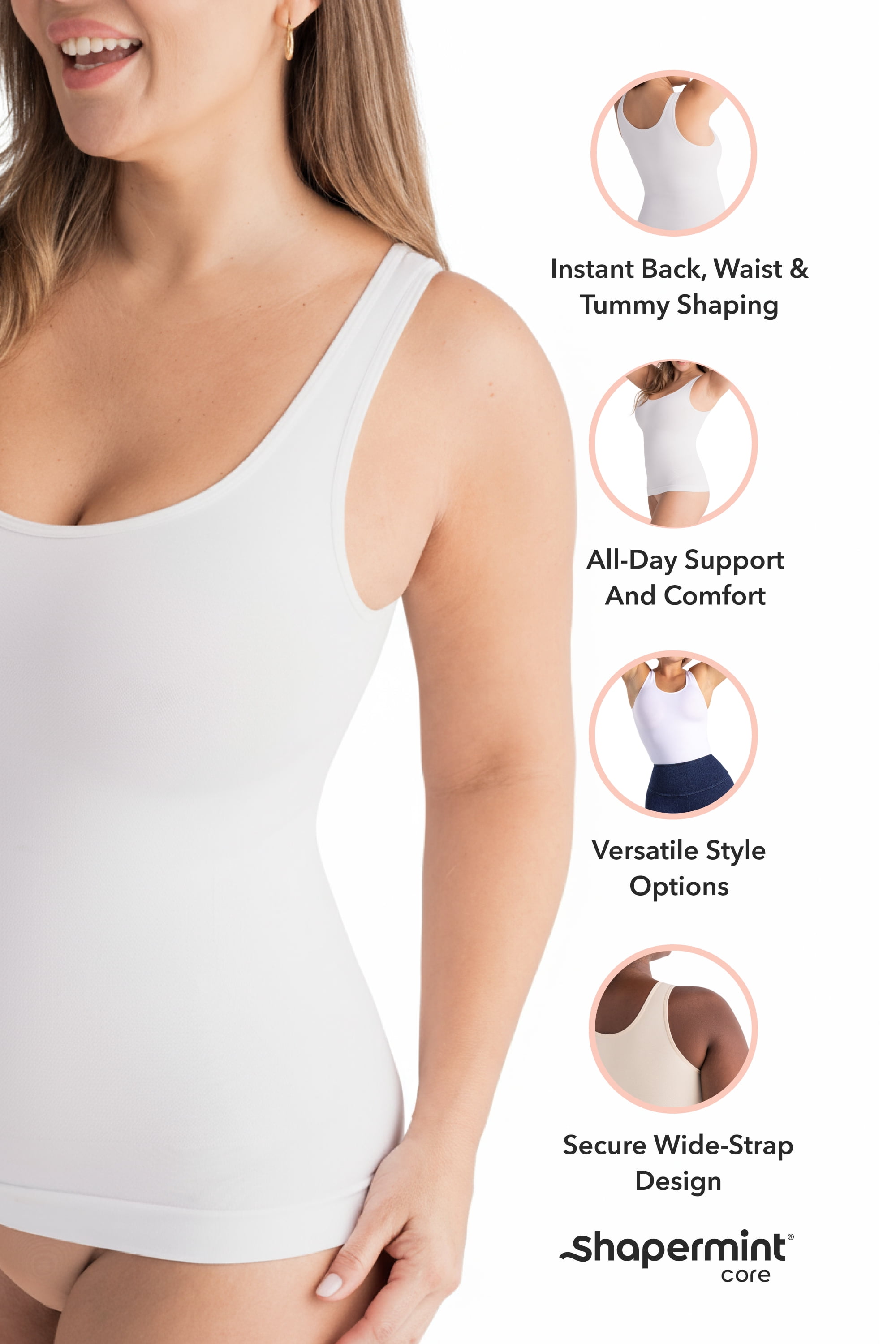Shapermint Core Tummy Control Shapewear Tank Cami for Women with Wide Straps, Sizes S to 4XL