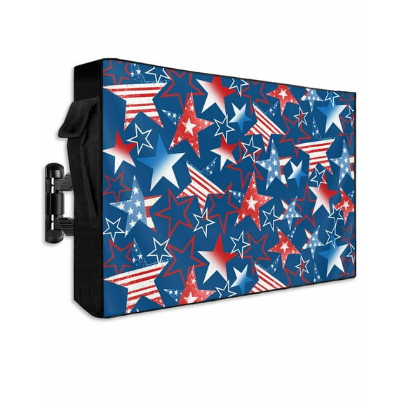 4th of July Outdoor TV Cover 60 to 65 Inch Weatherproof, Navy Blue Red Stars Independence Day Abstract 600D Oxford TV Covers with Waterproof Zipper, Outside Flat TV Screen Protector 58"Wx37"Hx4.5"D