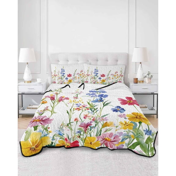 Quilts Twin XL Size, Spring Floral Soft Comforter Bedding Set for Bed, Colorful Summer Watercolor Botanical Lightweight Quilted Bedspread with Pillow Cover(2 Pieces) for All Season, 68x98 Inch