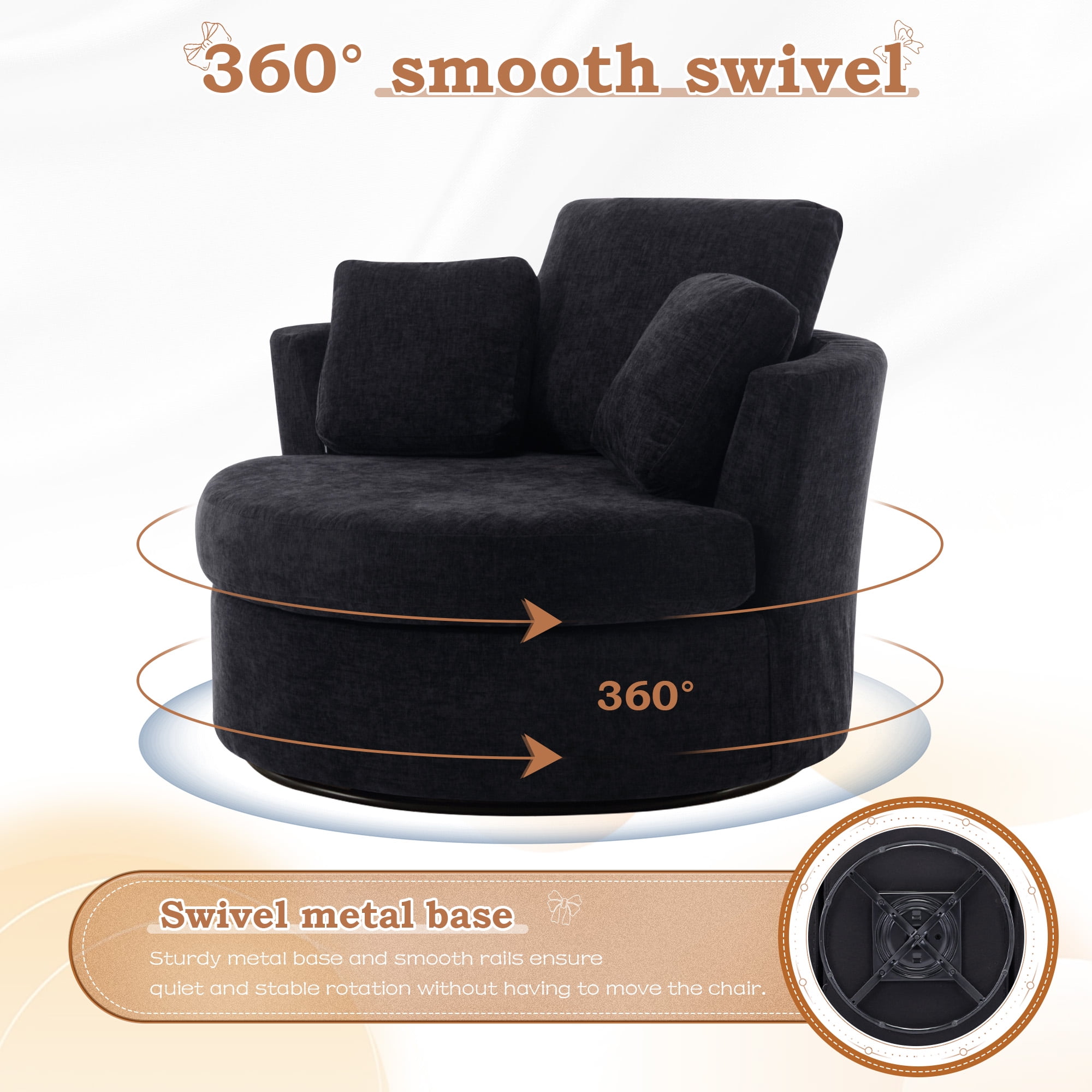 Muumblus Oversized Barrel Swivel Accent Chair Set of 2, Comfy Armchair with 3 Pillows, Modern Chenille Fabric Leisure Sofa Chair for Living Room, Bedroom, Black