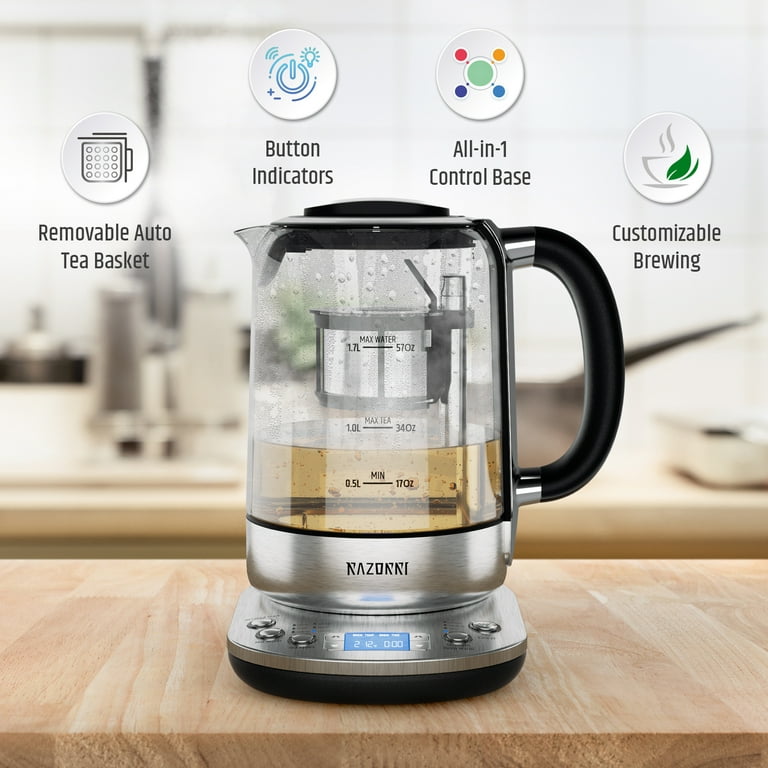Razorri Electric Tea Maker 1.7L with Automatic Infuser for Tea Brewing,  Stainless Steel Glass Kettle, Presets for 5 Tea Types and 3 Brew Strengths  