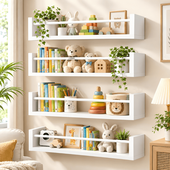 VUSIGN 4-Tier Wall Kids Bookshelf, 16.5” Floating Nursery Book Shelves for Kids Room Toddler Bedroom Furniture Toy Storage