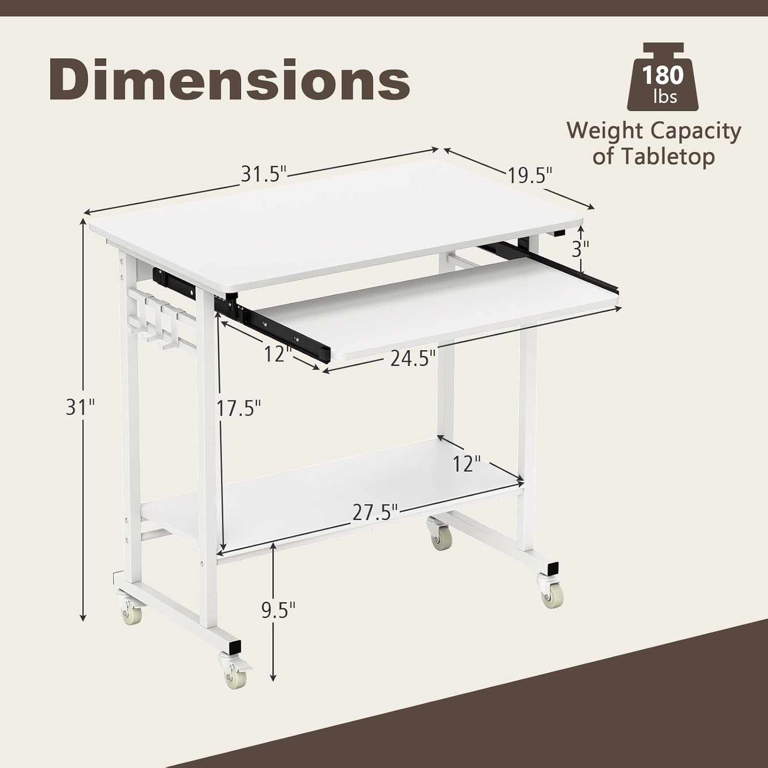 CHTER Rolling Computer Desk Cart with Keyboard Tray, Mobile Portable Laptop PC Desk with CPU Stand & 3 Hooks for Sofa & Bed, Compact Small Desk on Wheels for Small Spaces (White)