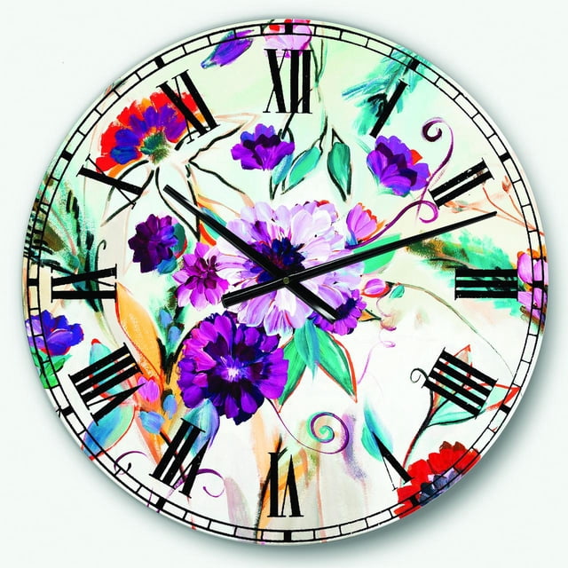 DesignArt Horloge Murale Grande Fleurs de Ferme Abstraites Violettes et Rouges