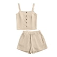 thumbnail image 6 of Costeam Womens Solid Button Front Pocket Blouse and Casual Short Two Piece Outfit Elastic Waist Shorts Side Pockets Loose Fit Lightweight Summer Casual Co Ord Set, 6 of 6
