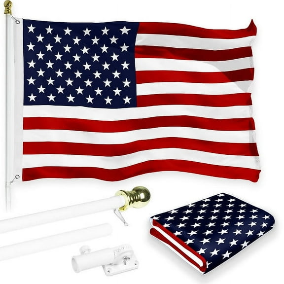 G128 Combo Pack: 6 Feet Tangle Free Spinning Flagpole (White) USA American Flag 3x5 ft Printed 150D Brass Grommets (Flag Included) Aluminum Flag Pole