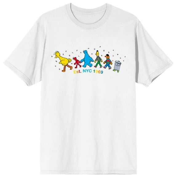 Sesame Street Characters Walking EST NYC 1969 Adult White Crew Neck Short Sleeve T-shirt-XS