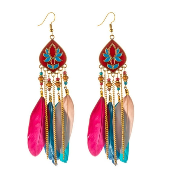 Grofry Women Earring,Boho Rhombus Beaded Feather Tassel Long Dangle Earrings Party Jewelry Black