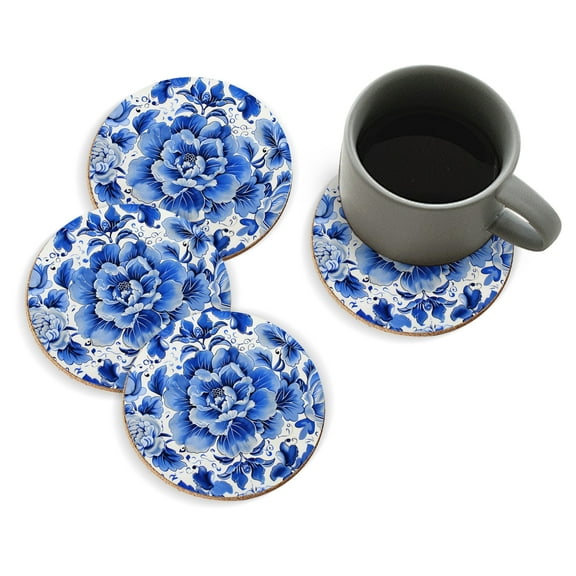 Coasters for Drinks Bar Beer,Set of 4 ,Round Wooden Housewarming Gift,Blue And White Pattern With Peonies