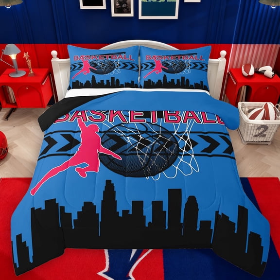 Manfei Est Sleep Basketball Bedding Comforter Set for Boys, Modern City Print Twin Comforter Sets, Cartoon Sports Theme Reversible Bedding Set, Dodger Blue Super Cozy Room Decor, 2-Piece