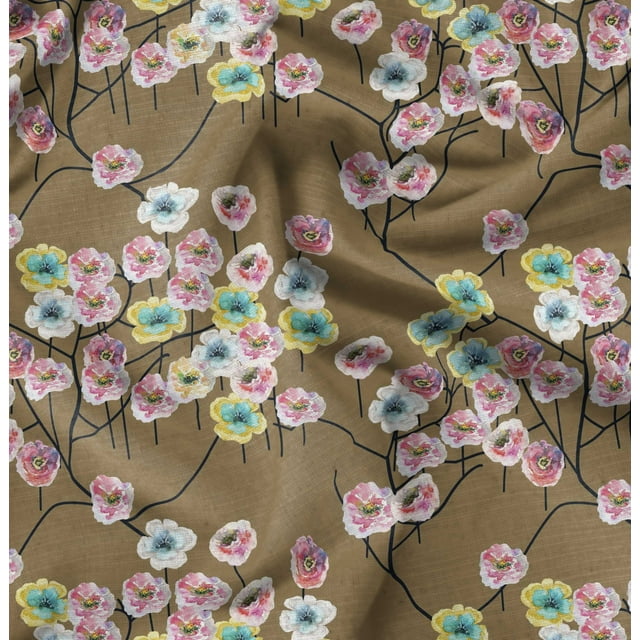 Soimoi Green polyester Crepe Fabric Cotton Ball Floral Print Fabric by the Yard 52 Inch Wide