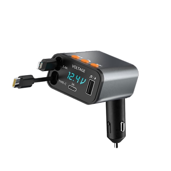 IJS 4 in 1 Retractable Car Charger with Built-In FM Transmitter, 2 Retractable Cables, USB-C USB-A Ports, PD 30W Charging with Music Streaming, Compatible with Apple, Samsung & Pixel Phones