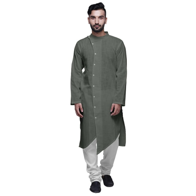 Atasi Cotton Slub Mens Kurta Solid Button Down Long Sleeve Indian Partywear