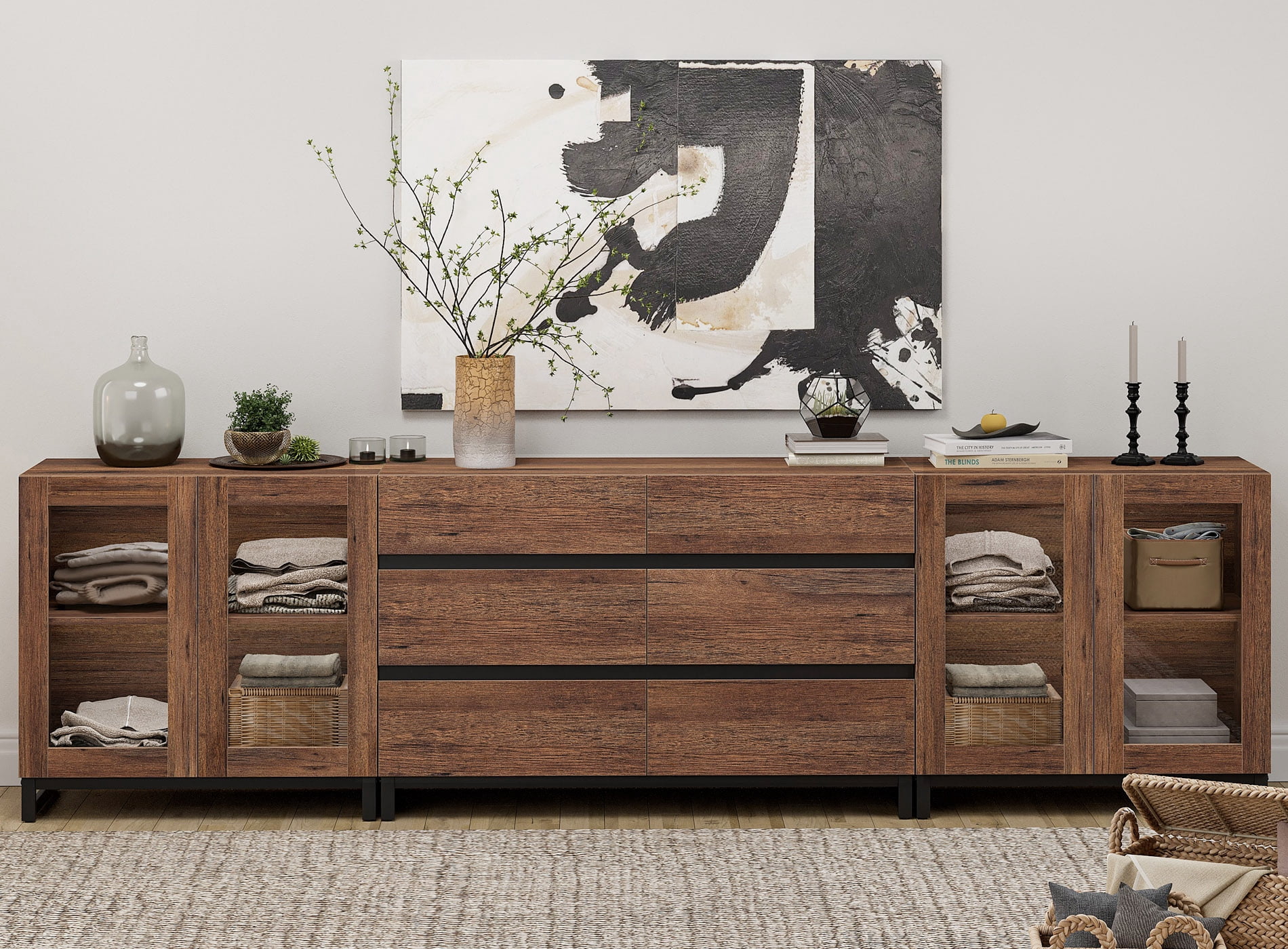 3 In 1 Multifunctional Dresser with Glass Doors & 6 Drawers, Modern Chest of Drawers with Adjustable Shelf, Multi-purpose Closet Organizer Storage Cabinet for Bedroom,Brown