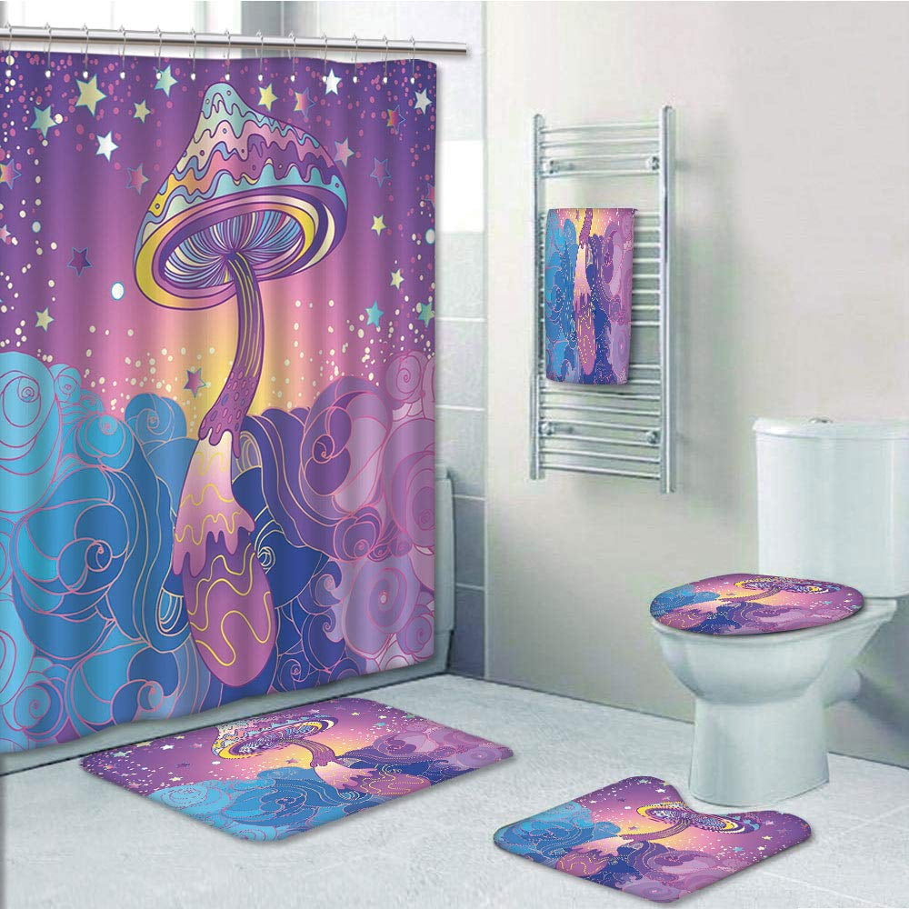 Retro Mushroom Pattern Shower Curtain Toilet Cover Rug Mat Contour Rug Set 