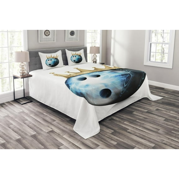 Ambesonne Bowling Party Quilted Bedspread Set 3 Pcs, Ball with Crown, Queen Size, Sky Blue Black Beige