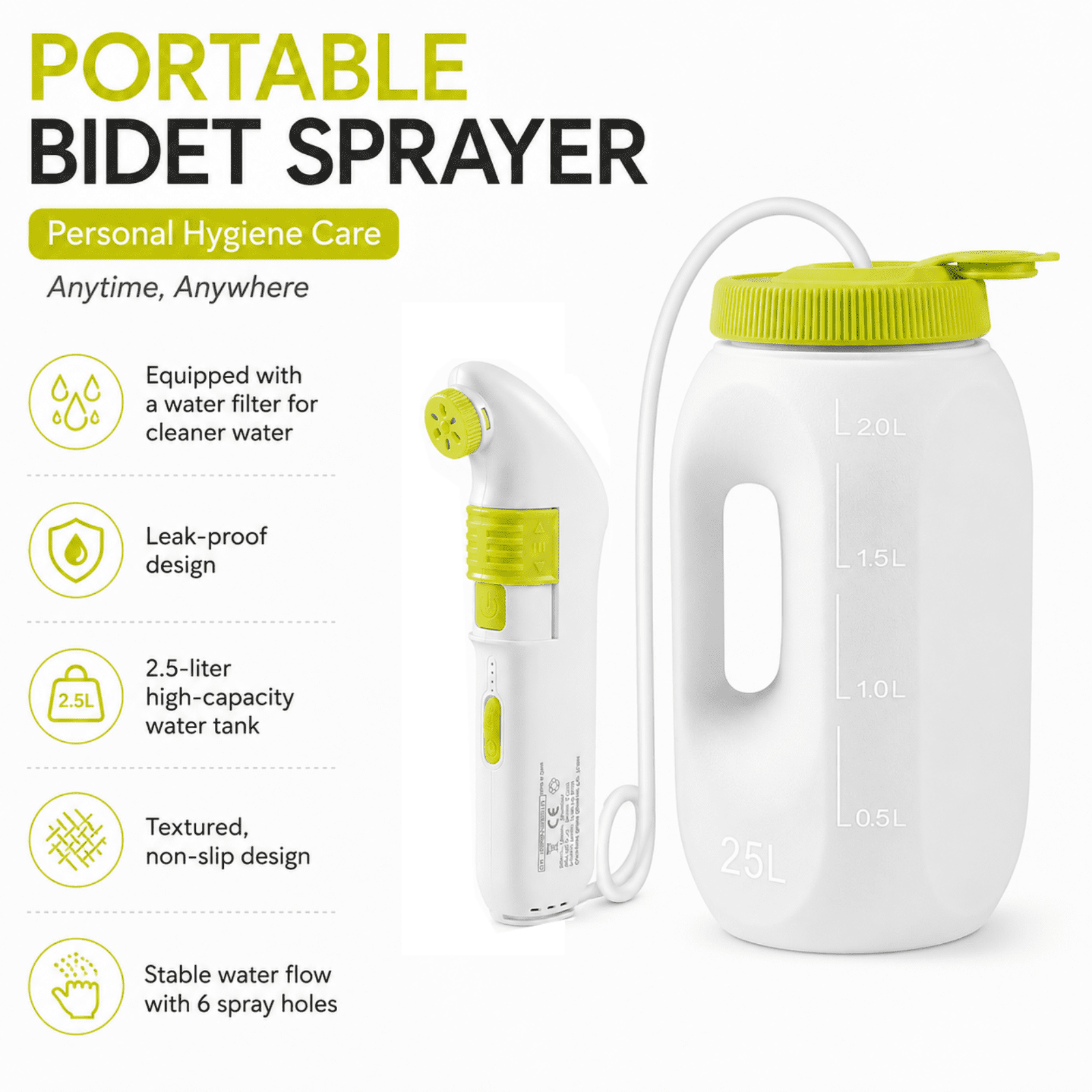 DAEX Portable Bidet for Travel-Electric High Pressure Rechargeable Personal Hygiene Sprayer 2.5L Bottle