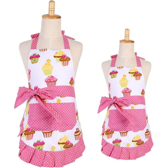 Yoqb 2 Pack Cupcake Aprons, Mom and Me Aprons, Pink Cupcake Baking Aprons, Adjustable Kitchen Apron for Women and Little Girls A109