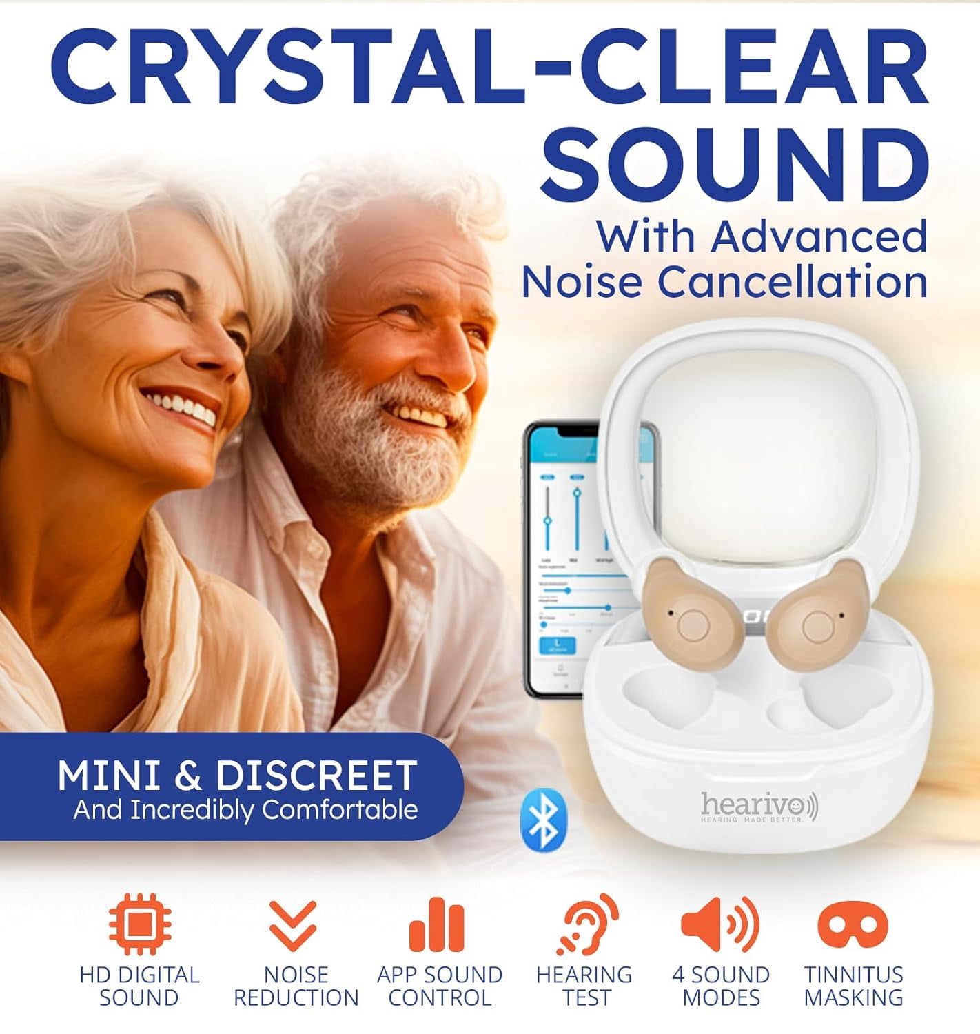 SUWU Rechargeable Hearing Aids, Bluetooth Enabled, Noise Cancelling with App Control, 4 Sound Modes including Tinnitus Masking, Beige