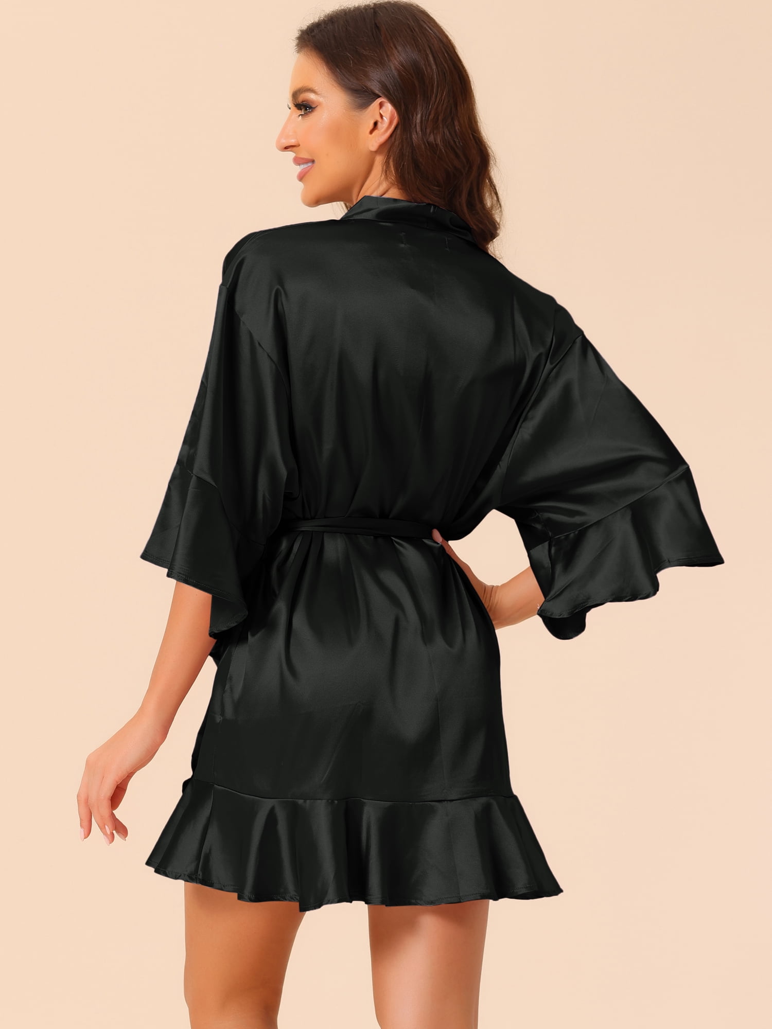 DARING DIVA Women's Satin Silky 3/4 Sleeves Tie Waist Loungewear Robes XL Black