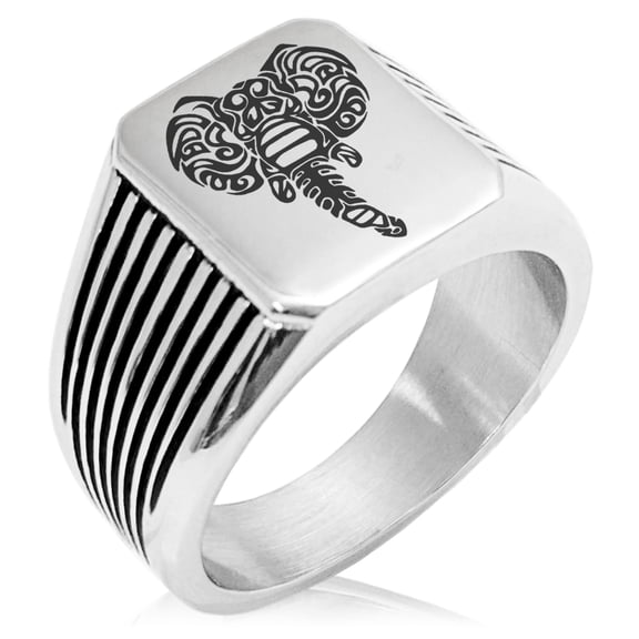 Stainless Steel Juggernaut Elephant Needle Stripe Pattern Biker Style Polished Ring