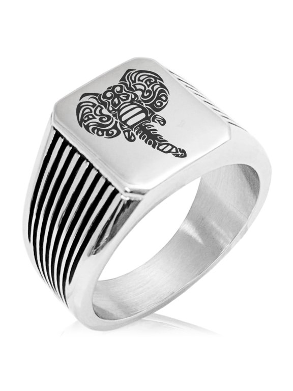 Stainless Steel Juggernaut Elephant Needle Stripe Pattern Biker Style Polished Ring
