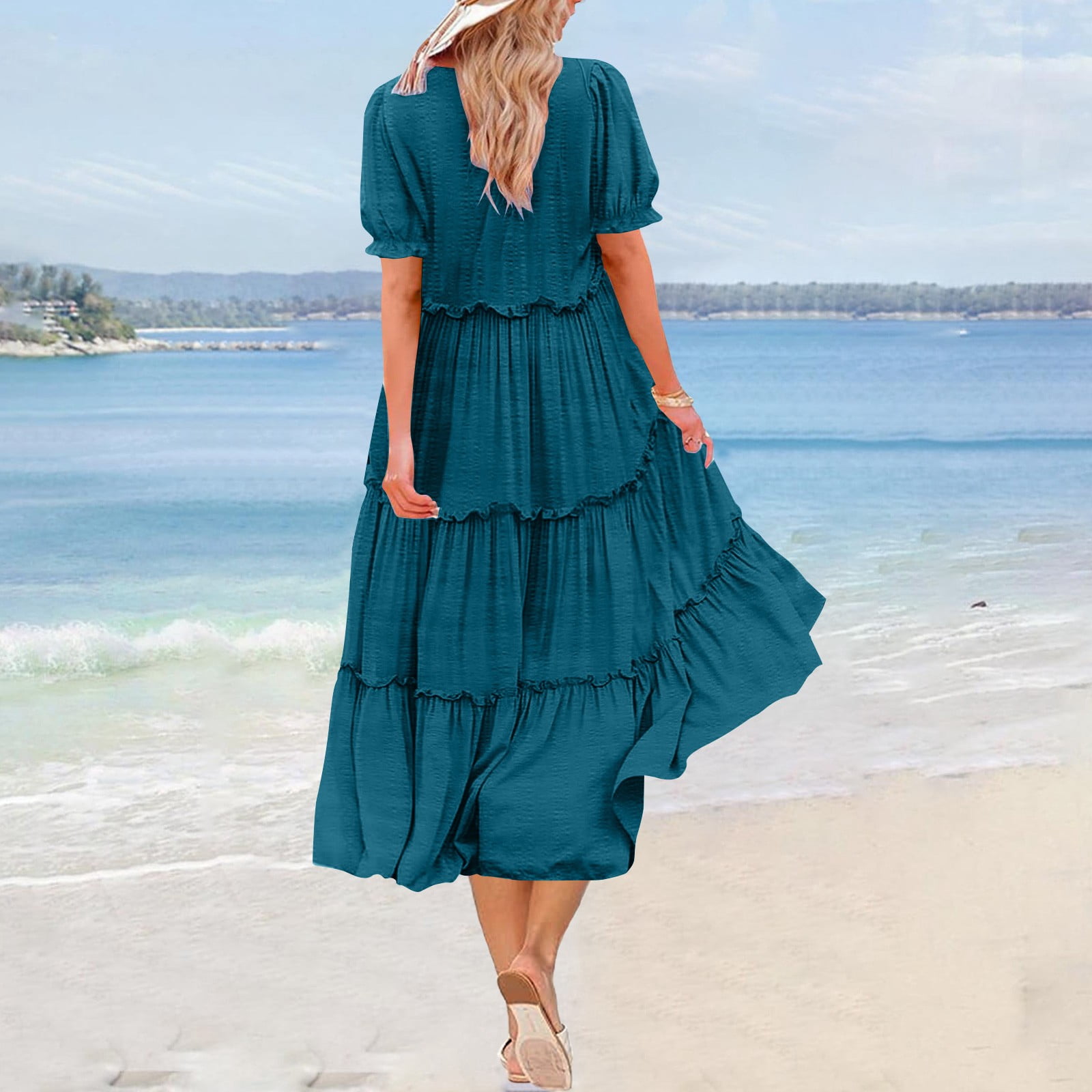 Hvot&aat Women Summer Casual Bohemian Floral Dresses Puff Short Sleeve Tiered Ruffle Flowy Swing Dress