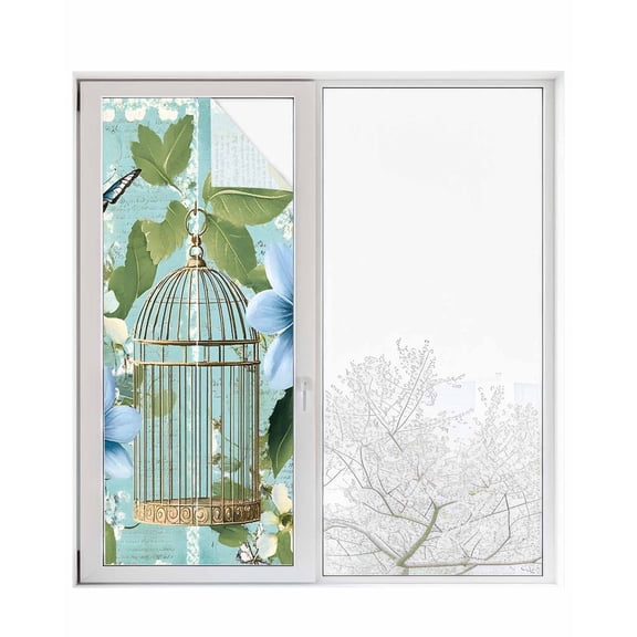 Window Privacy Film Birds Cage Stained Glass Window Film Decorative Sun Block Window Cover Spring Botanical Blue Floral Window Clings Static Adhesive Sticker for Bathroom 23.6"x59"