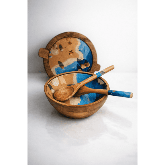 Handcrafted Mango Wooden Salad And Fruits Serving Epoxy With Sea Design Bowl With One Lid & 2 Spoons 10" x 10" x 4"