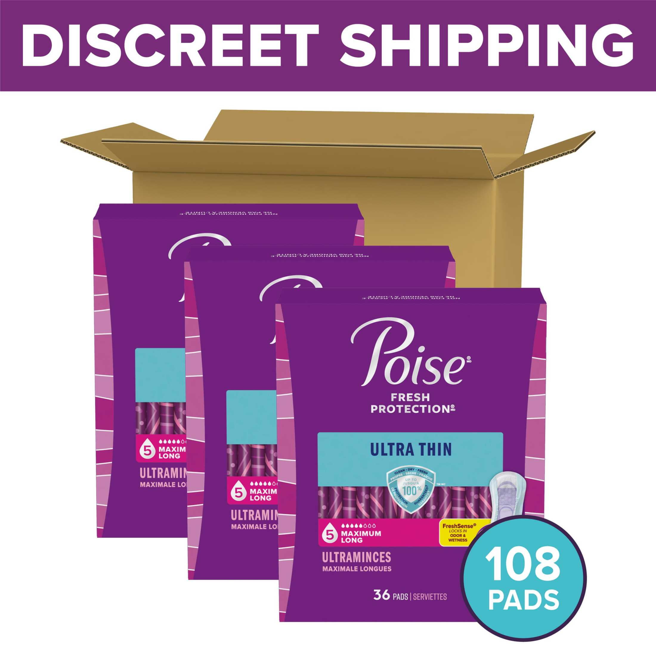Poise Ultra Thin Incontinence Pads, 5 Drop Maximum Absorbency, Long Length, 108 Count