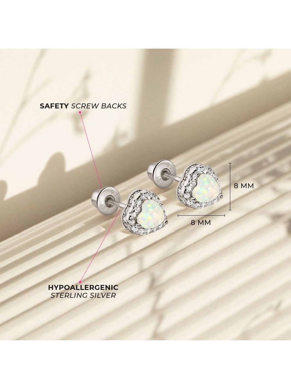 Opal CZ Heart Kids / Children's / Girls Earrings Screw Back - Sterling Silver