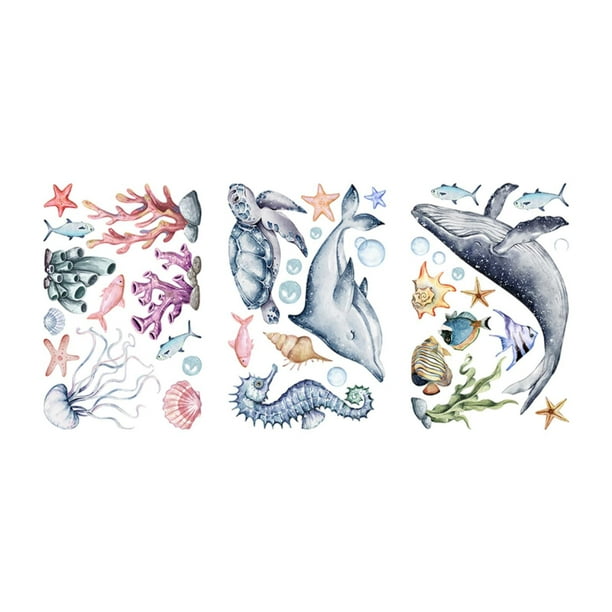 3 pegatinas de pared que brillan en la oscuridad con diseño de mundo submarino, murales de arte marino, papel tapiz de PVC para sala de estar,