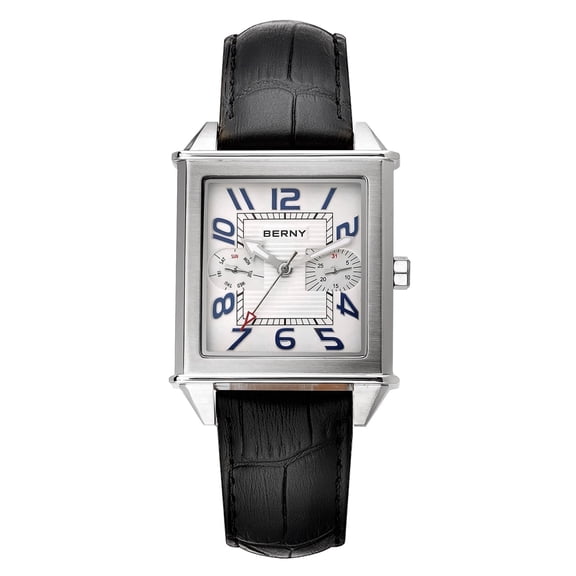 BERNY Dress Watches for Men, Fashion Leather Watch with Day & Date Calendar, Square Stainless Steel Case, Japanese Quartz Movement, Waterproof, Classic Men's Analog Wristwatch, White