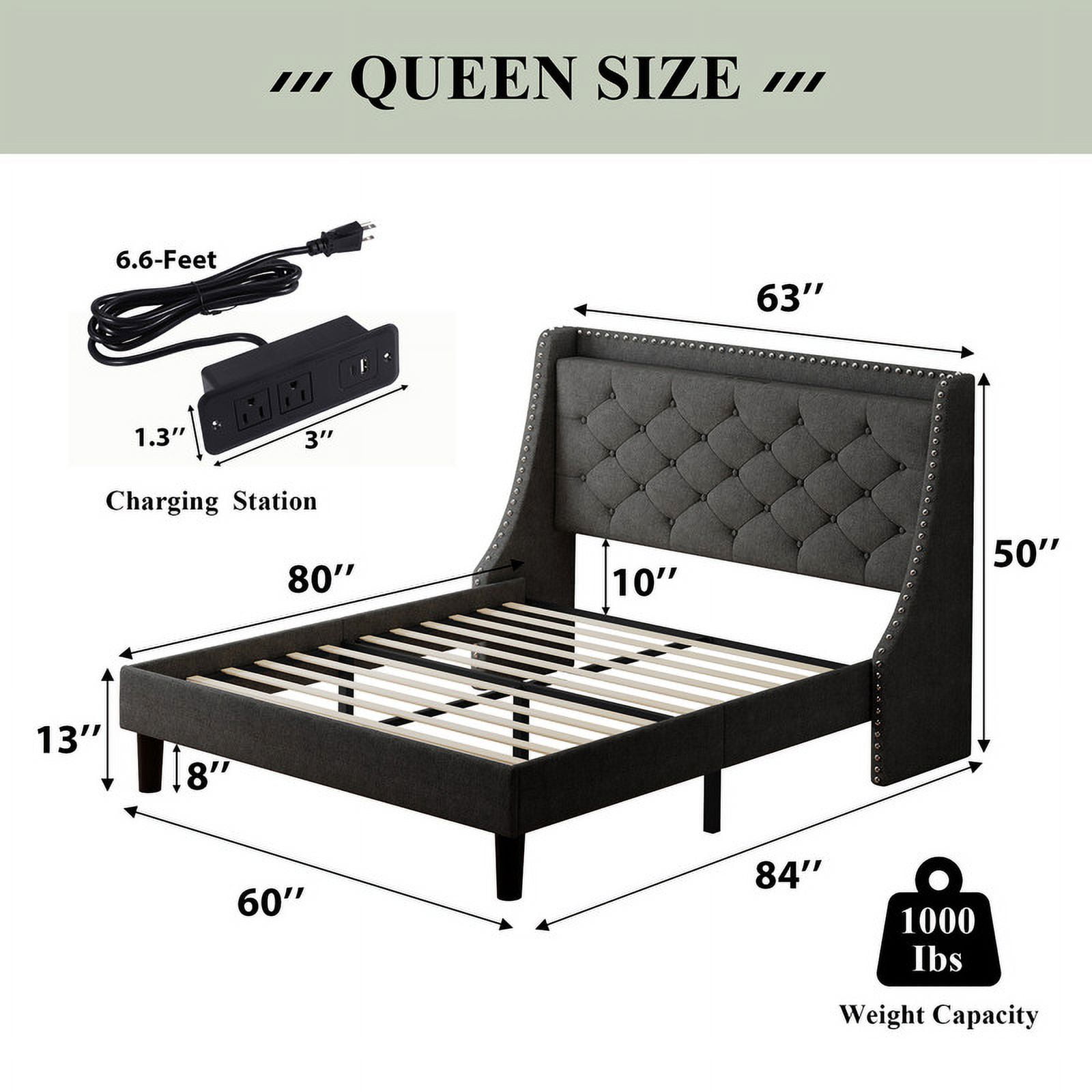iPormis Queen Bed Frame with Upholstered Wingback Button Tufted Storage Headboard, Luxurious Platform Bed with Charging Station, Sturdy Wooden Slats Support,No Box Spring Needed, Dark Gray