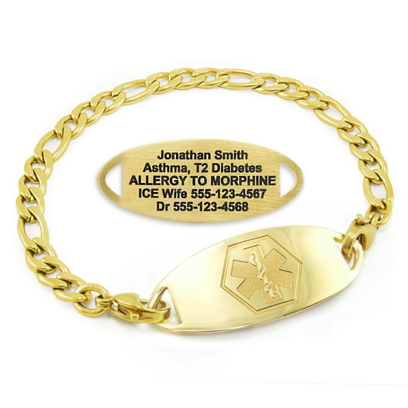 MedicEngraved Yellow Gold Stainless Steel Custom Medical Alert Bracelet - 5mm Figaro Link