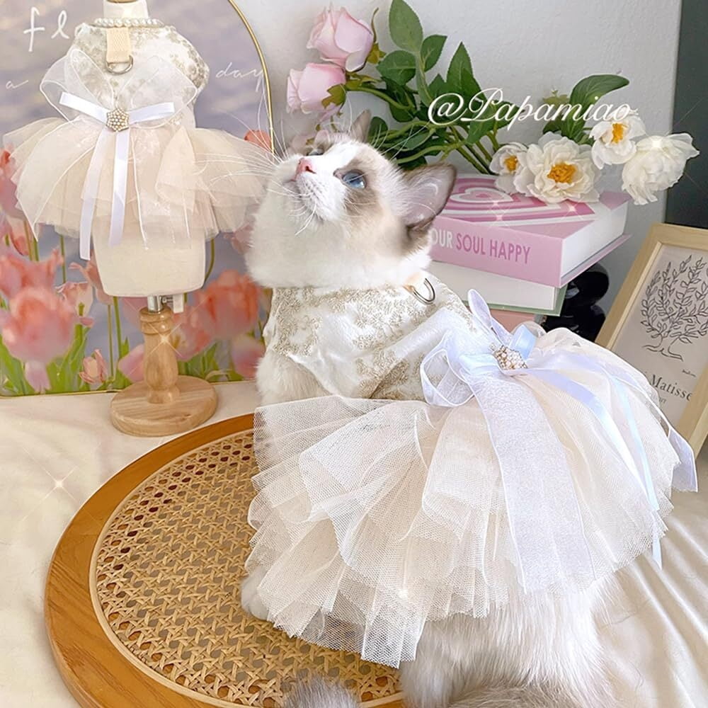 ANIAC Gray Dog Dress for Small Dogs Female,Bow Knot Girl Puppy Clothes with Detachable Pearl Necklace, Elegant Cat Dress, Formal Pet Pary Outfit for Wedding Birthday Valentines (Gray, Large)